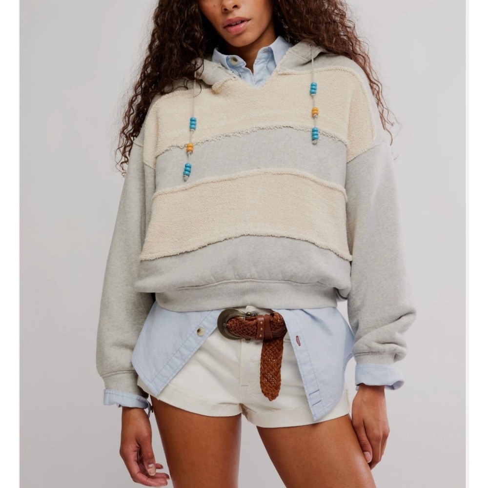 Free People Camp Crush Hoodie Sweatshirt Womens Medium Terry Cloth Gray Cream